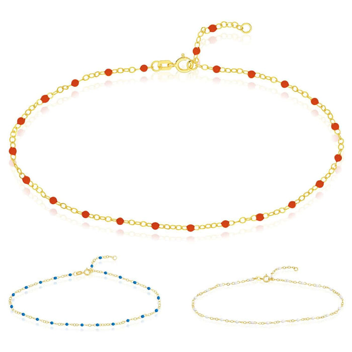 14K Yellow Gold Red, White, Cobalt Enamel Bead Ankle Bracelet (Solid Links) 9" - 10" Adjustable - WJD Exclusives