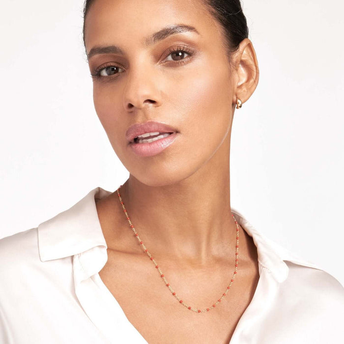 14K Yellow Gold Red, White, Cobalt Enamel Bead Necklace (Solid Links) 16" - 18" Adjustable - WJD Exclusives