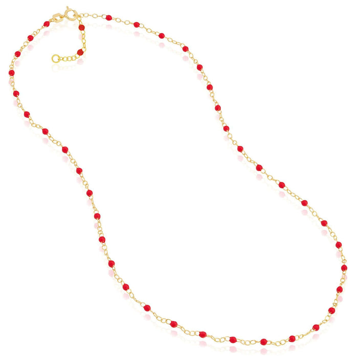 14K Yellow Gold Red, White, Cobalt Enamel Bead Necklace (Solid Links) 16" - 18" Adjustable - WJD Exclusives