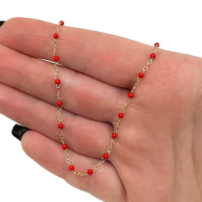 14K Yellow Gold Red, White, Cobalt Enamel Bead Necklace (Solid Links) 16" - 18" Adjustable - WJD Exclusives
