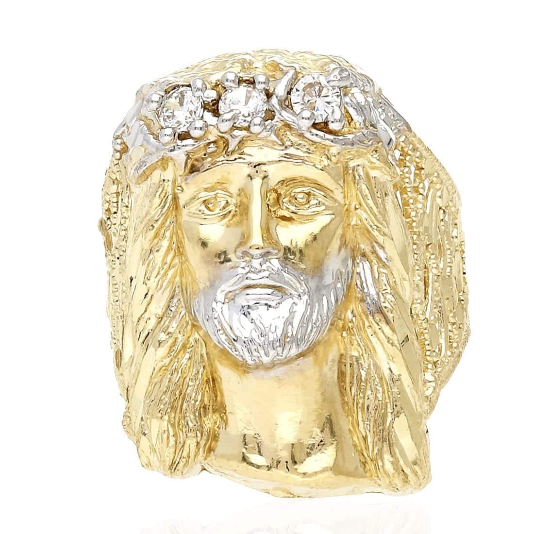 Solid 10K Gold Yellow CZ Jesus Head Mens Ring