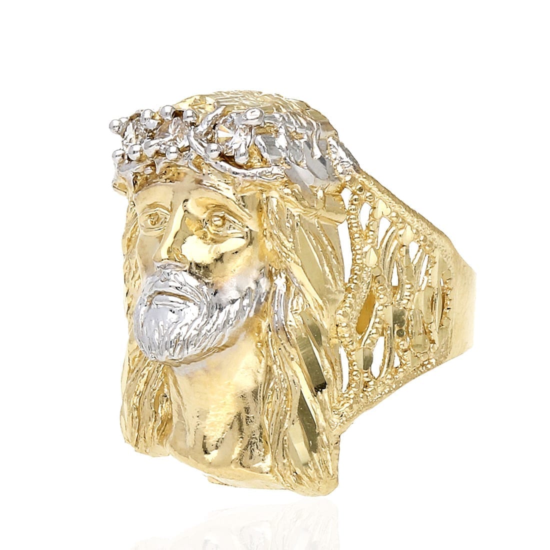 Solid 10K Gold Yellow CZ Jesus Head Mens Ring