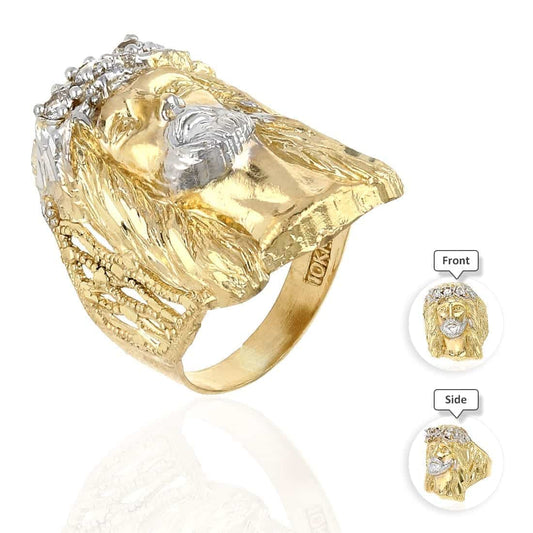 Solid 10K Gold Yellow CZ Jesus Head Mens Ring