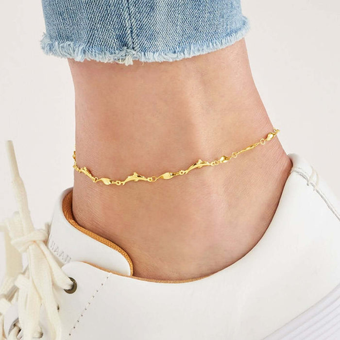14K Yellow Gold Marquise Twisted Dolphin Ankle Bracelet (Solid Links) 9" - 10" Adjustable - WJD Exclusives