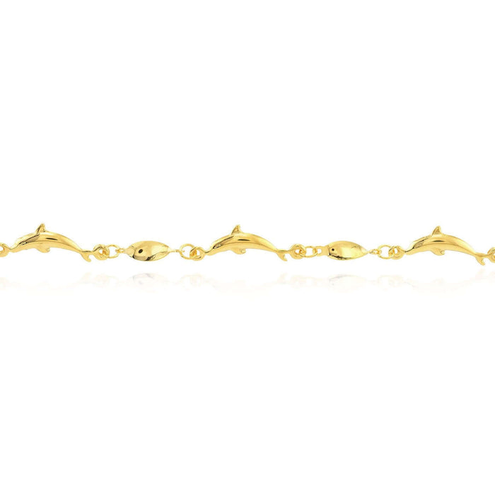 14K Yellow Gold Marquise Twisted Dolphin Ankle Bracelet (Solid Links) 9" - 10" Adjustable - WJD Exclusives