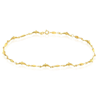 14K Yellow Gold Marquise Twisted Dolphin Ankle Bracelet (Solid Links) 9" - 10" Adjustable - WJD Exclusives