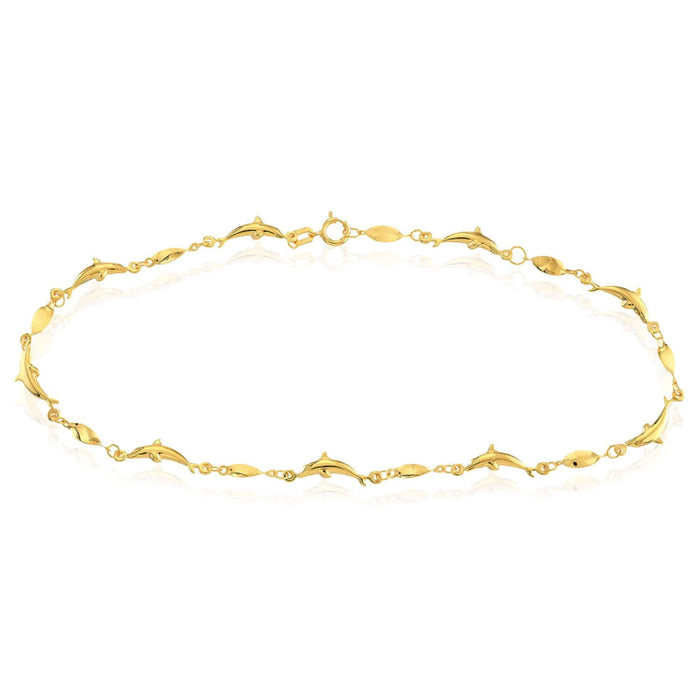 14K Yellow Gold Marquise Twisted Dolphin Ankle Bracelet (Solid Links) 9" - 10" Adjustable - WJD Exclusives