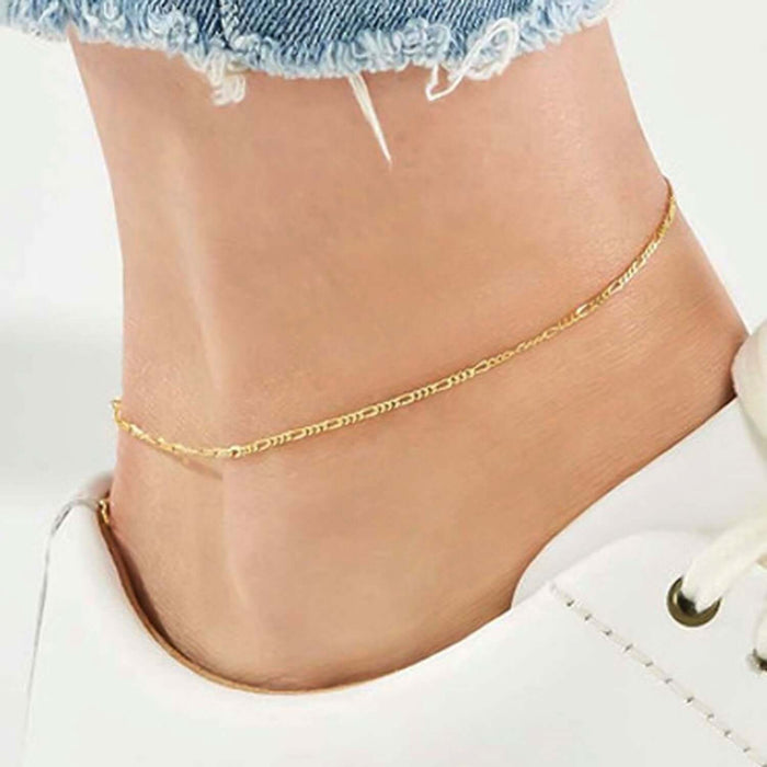 14K Yellow White Gold Figaro Ankle Bracelet (Solid Links) 9" - 10" Adjustable - WJD Exclusives