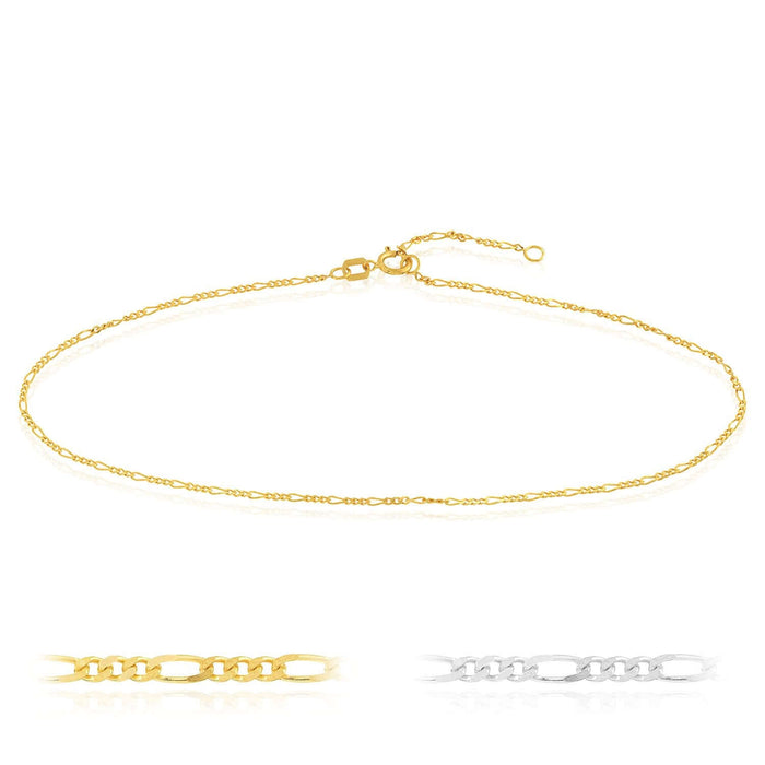 14K Yellow White Gold Figaro Ankle Bracelet (Solid Links) 9" - 10" Adjustable - WJD Exclusives