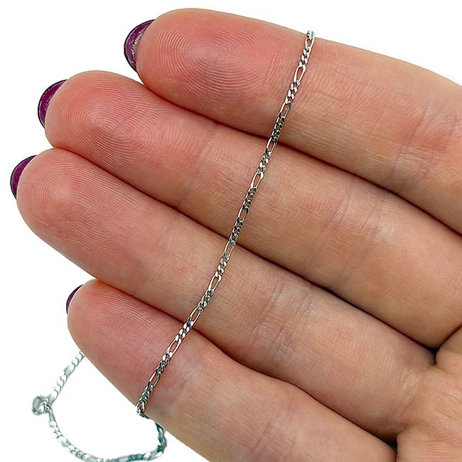 14K Yellow White Gold Figaro Ankle Bracelet (Solid Links) 9" - 10" Adjustable - WJD Exclusives