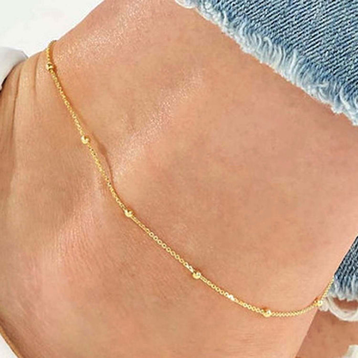 14K Yellow Gold Cable Chain Bead Stations Ankle Bracelet (Solid Links) 9" - 10" Adjustable - WJD Exclusives