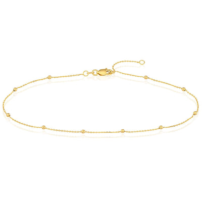 14K Yellow Gold Cable Chain Bead Stations Ankle Bracelet (Solid Links) 9" - 10" Adjustable - WJD Exclusives