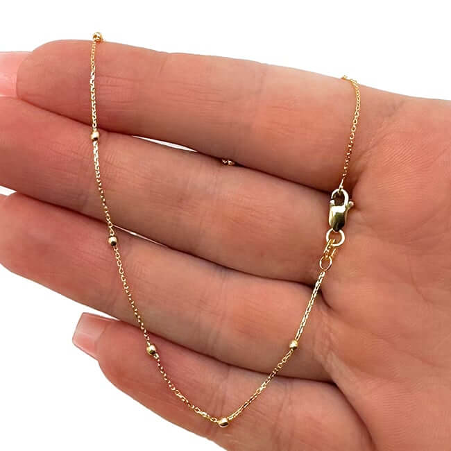 14K Yellow Gold Cable Chain Bead Stations Ankle Bracelet (Solid Links) 9" - 10" Adjustable - WJD Exclusives