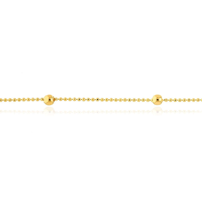 14K Yellow Gold Diamond - Cut Chain Bead Stations Ankle Bracelet (Solid Links) 9" - 10" Adjustable - WJD Exclusives