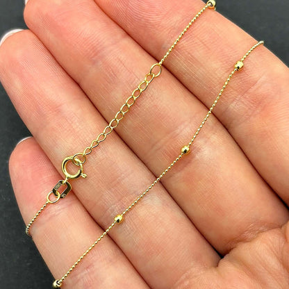 14K Yellow Gold Diamond - Cut Chain Bead Stations Ankle Bracelet (Solid Links) 9" - 10" Adjustable - WJD Exclusives