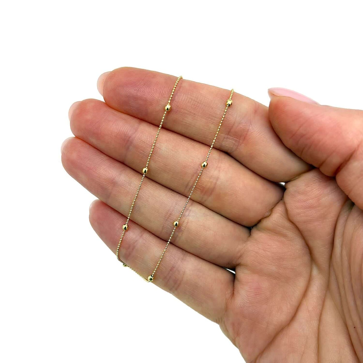 14K Yellow Gold Diamond - Cut Chain Bead Stations Ankle Bracelet (Solid Links) 9" - 10" Adjustable - WJD Exclusives