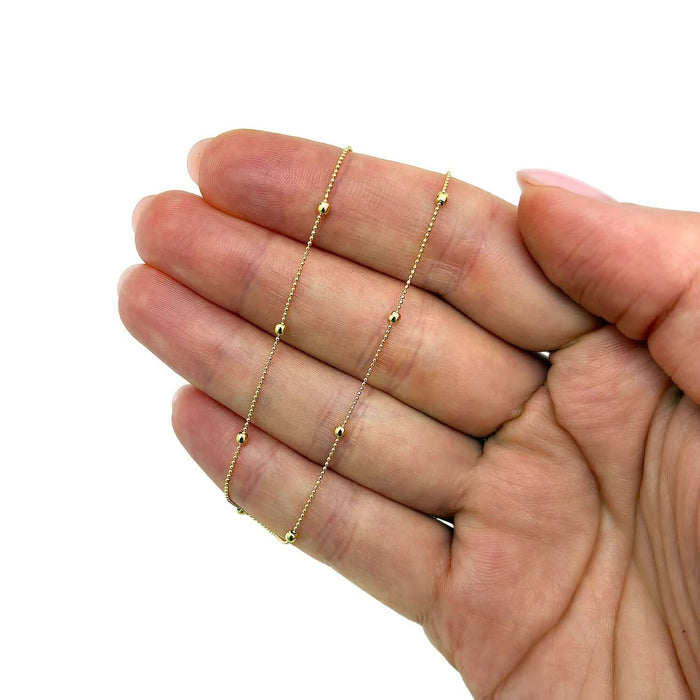 14K Yellow Gold Diamond - Cut Chain Bead Stations Ankle Bracelet (Solid Links) 9" - 10" Adjustable - WJD Exclusives