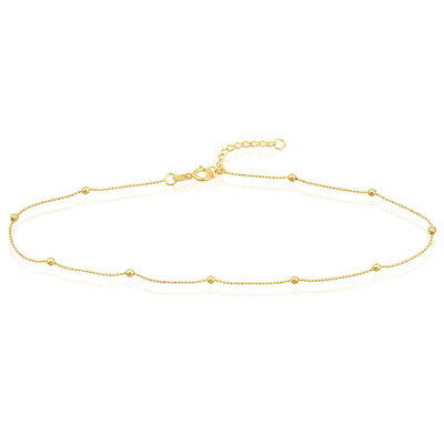 14K Yellow Gold Diamond - Cut Chain Bead Stations Ankle Bracelet (Solid Links) 9" - 10" Adjustable - WJD Exclusives