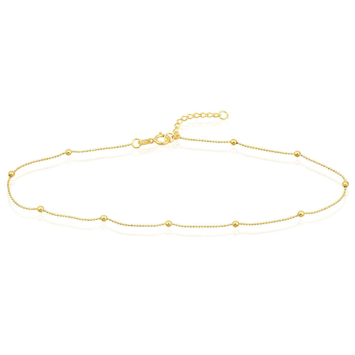 14K Yellow Gold Diamond - Cut Chain Bead Stations Ankle Bracelet (Solid Links) 9" - 10" Adjustable - WJD Exclusives