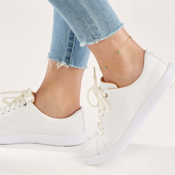 14K Yellow Gold Evil Eye Stations Cable Chain Ankle Bracelet (Solid Links) 9" - 10" Adjustable - WJD Exclusives