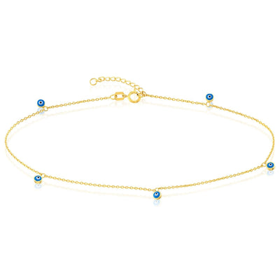 14K Yellow Gold Evil Eye Stations Cable Chain Ankle Bracelet (Solid Links) 9" - 10" Adjustable - WJD Exclusives