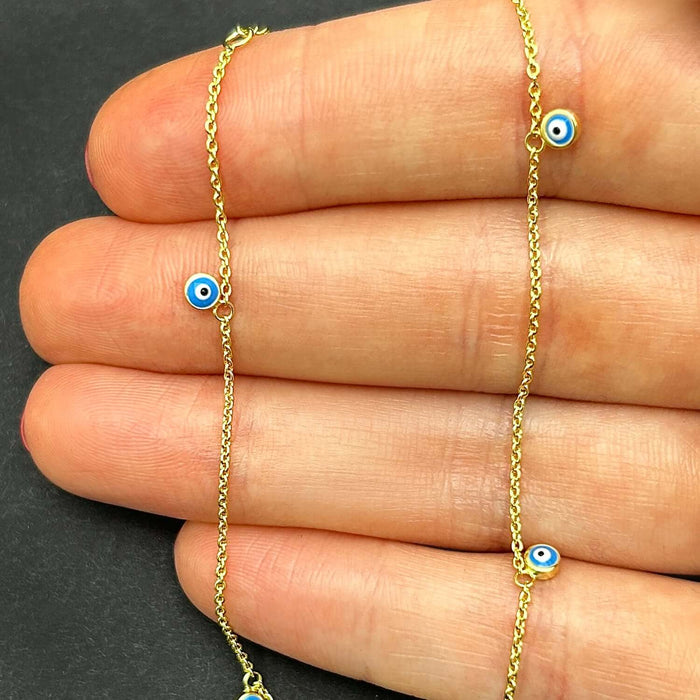 14K Yellow Gold Evil Eye Stations Cable Chain Ankle Bracelet (Solid Links) 9" - 10" Adjustable - WJD Exclusives