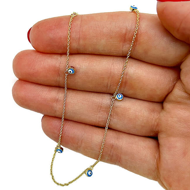 14K Yellow Gold Evil Eye Stations Cable Chain Ankle Bracelet (Solid Links) 9" - 10" Adjustable - WJD Exclusives