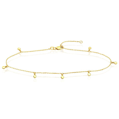 14K Yellow Gold Cable Chain Dangling Disc Charms Ankle Bracelet (Solid Links) 9" - 10" Adjustable - WJD Exclusives