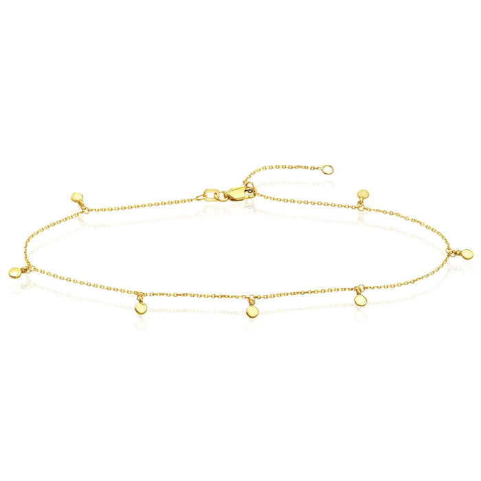 14K Yellow Gold Cable Chain Dangling Disc Charms Ankle Bracelet (Solid Links) 9" - 10" Adjustable - WJD Exclusives