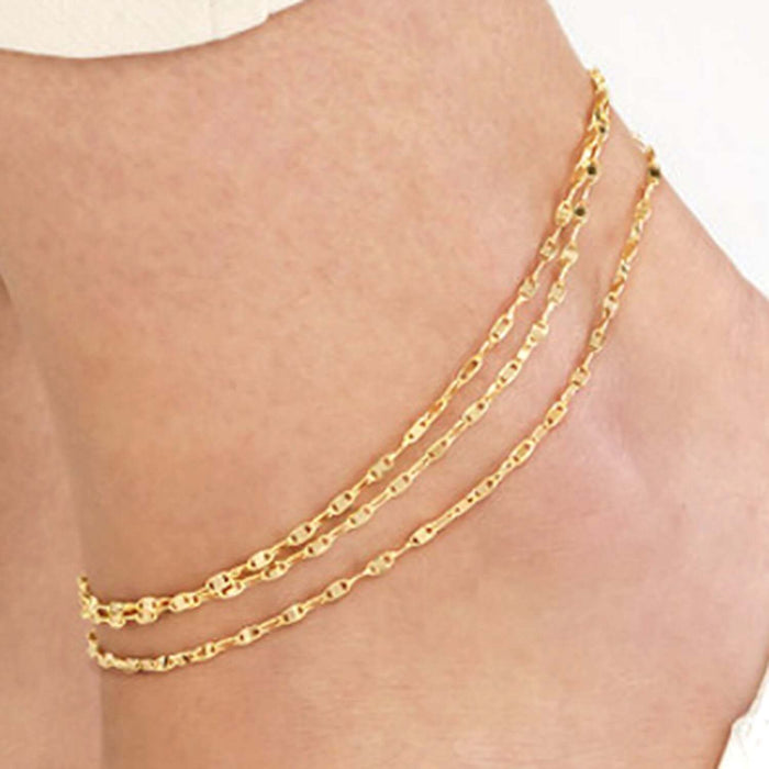 14K Yellow Gold Mariner Triple Strand Ankle Bracelet (Solid Links) 9" - 10" Adjustable - WJD Exclusives