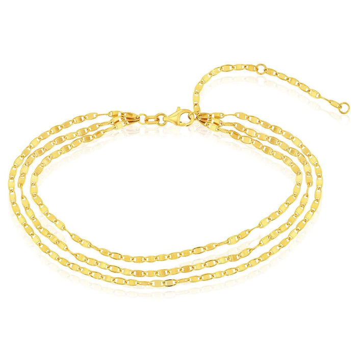 14K Yellow Gold Mariner Triple Strand Ankle Bracelet (Solid Links) 9" - 10" Adjustable - WJD Exclusives