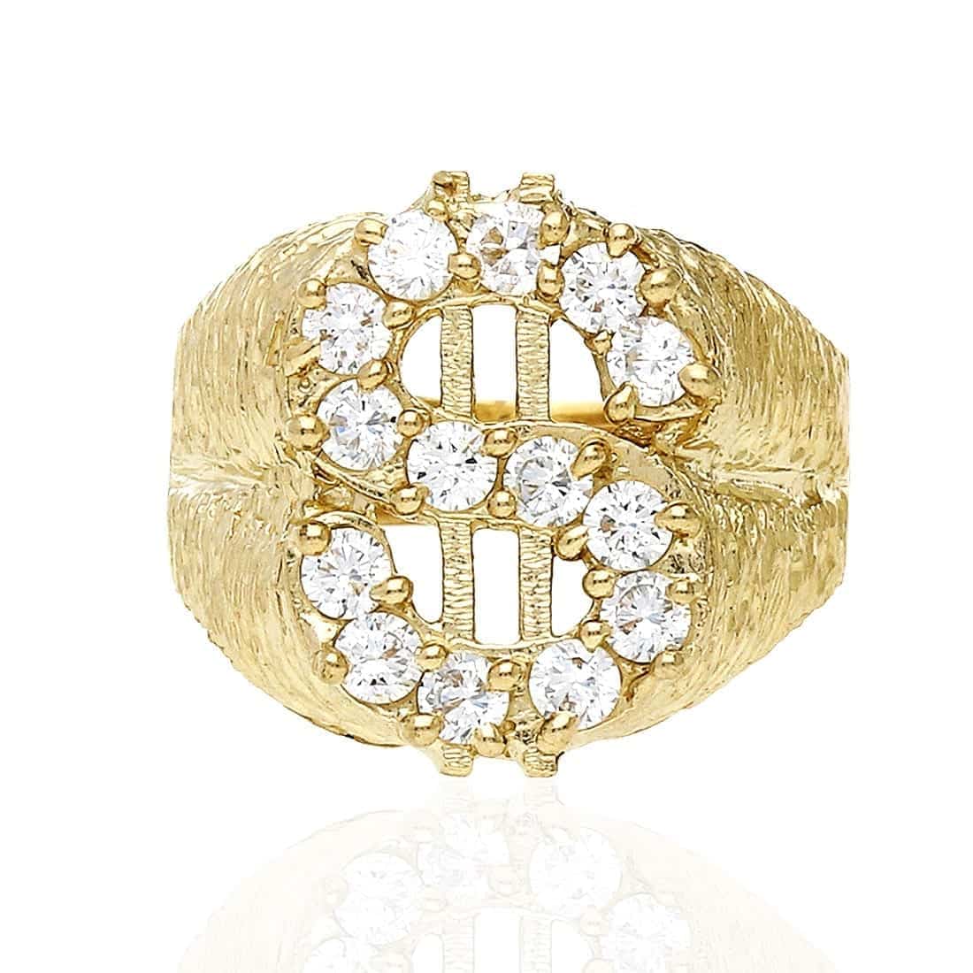 10K Solid Yellow Gold CZ Dollar Sign Signet Mens Ring Size 8-12