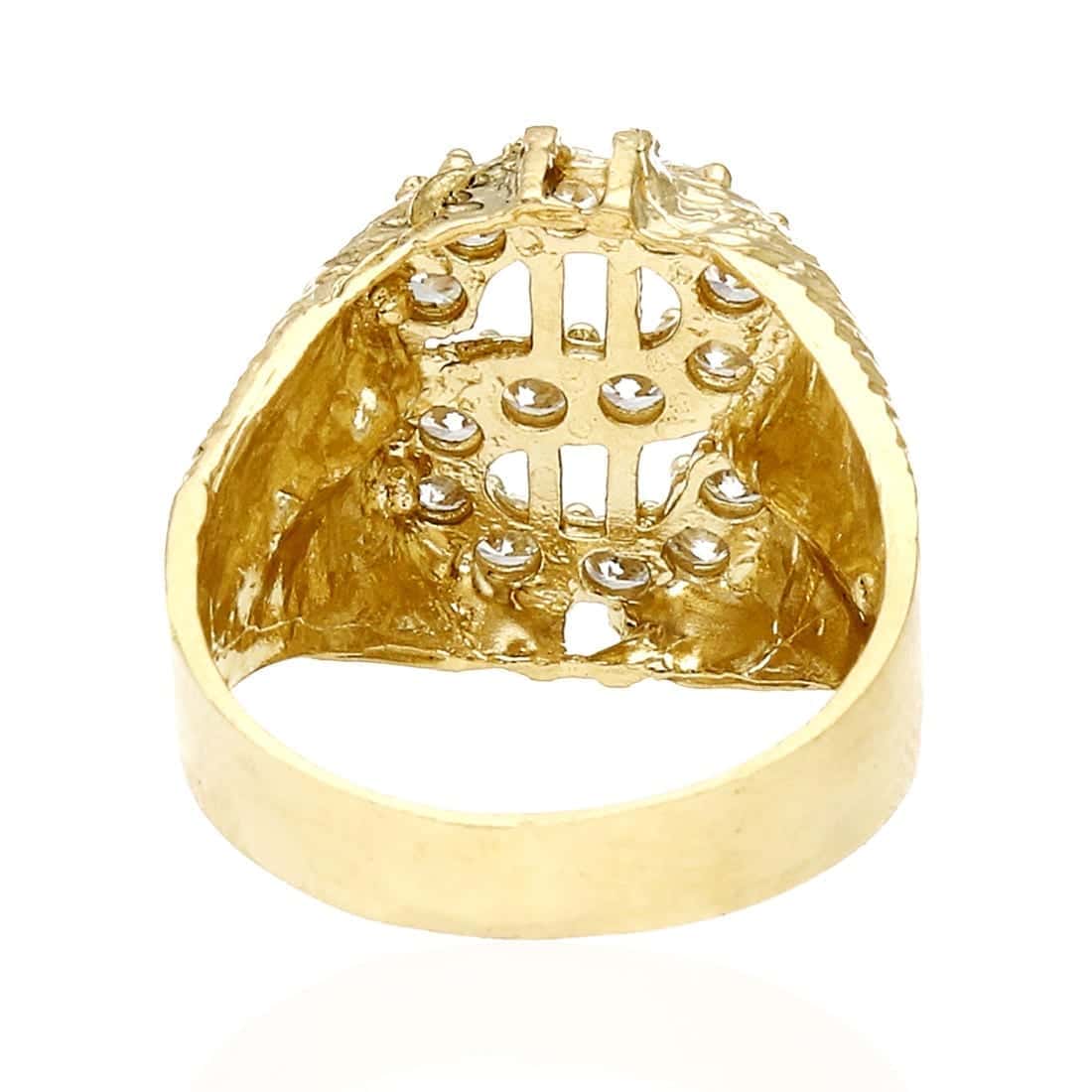 10K Solid Yellow Gold CZ Dollar Sign Signet Mens Ring Size 8-12