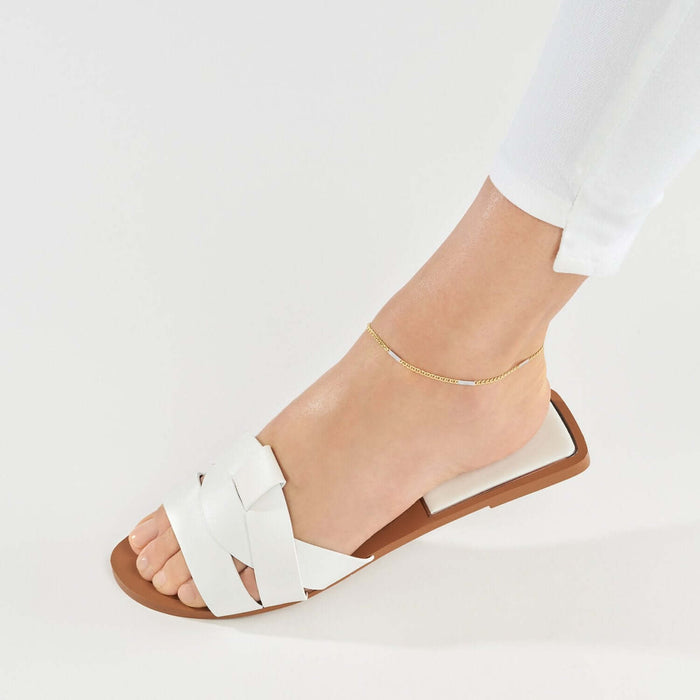 14K Yellow Gold Two - Tone Mariner Chain Bar Ankle Bracelet (Solid Links) 9.5" - WJD Exclusives