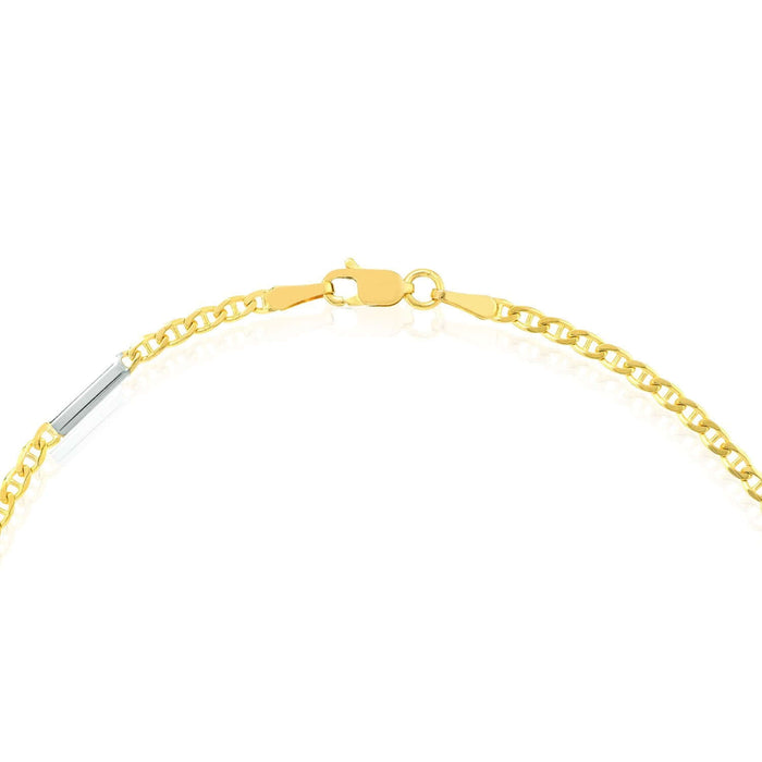 14K Yellow Gold Two - Tone Mariner Chain Bar Ankle Bracelet (Solid Links) 9.5" - WJD Exclusives