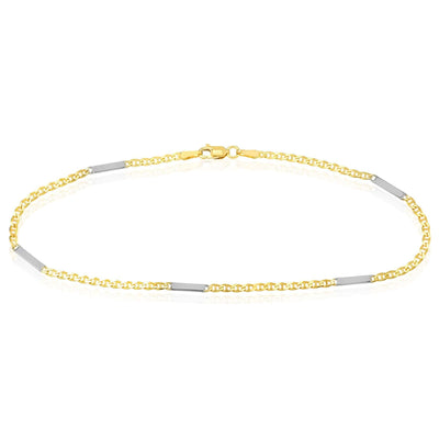 14K Yellow Gold Two - Tone Mariner Chain Bar Ankle Bracelet (Solid Links) 9.5" - WJD Exclusives