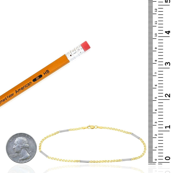 14K Yellow Gold Two - Tone Mariner Chain Bar Ankle Bracelet (Solid Links) 9.5" - WJD Exclusives