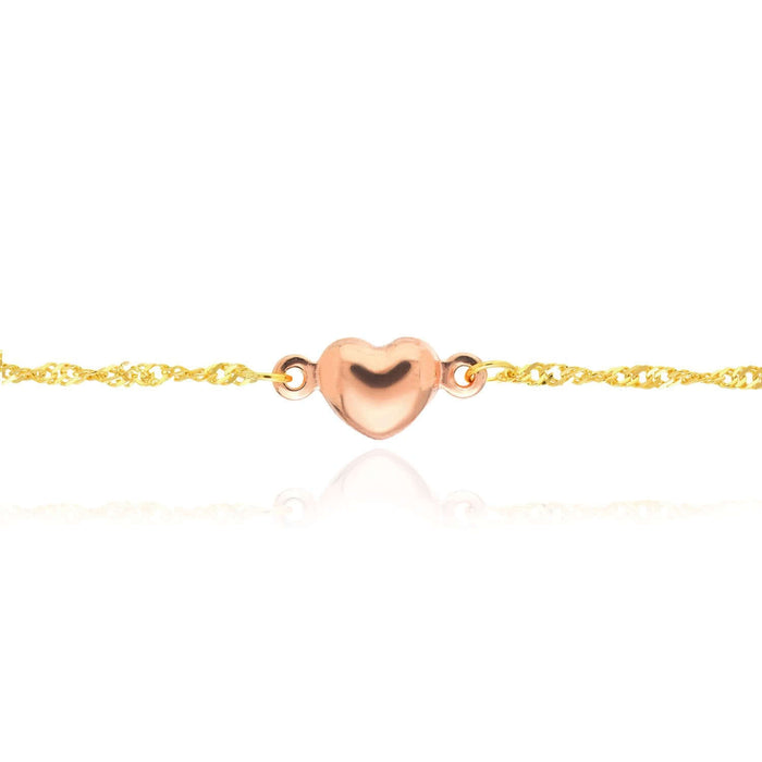 14K Yellow Gold Two - Tone Pink Heart Singapore Ankle Bracelet (Solid Links) 9" - 10" Adjustable - WJD Exclusives