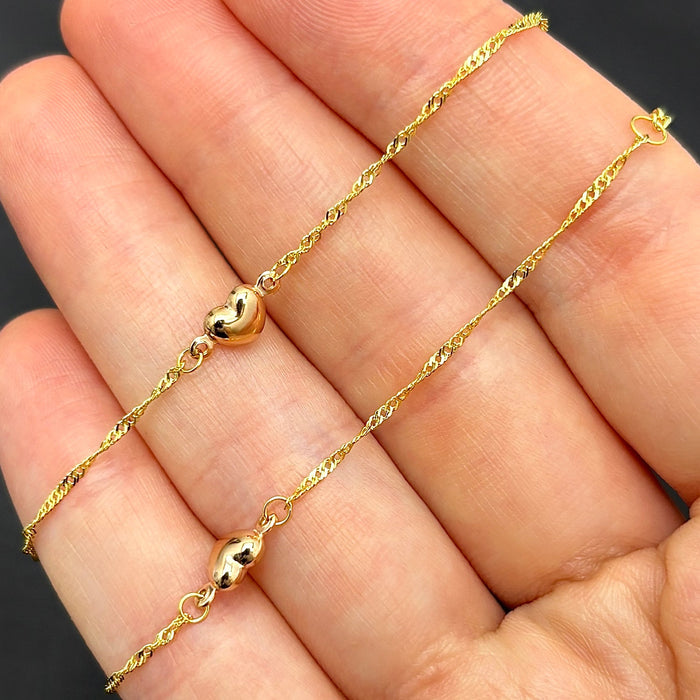 14K Yellow Gold Two - Tone Pink Heart Singapore Ankle Bracelet (Solid Links) 9" - 10" Adjustable - WJD Exclusives