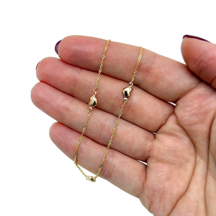 14K Yellow Gold Two - Tone Pink Heart Singapore Ankle Bracelet (Solid Links) 9" - 10" Adjustable - WJD Exclusives