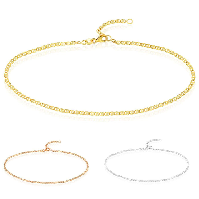 14K Yellow White Rose Gold Anchor Ankle Bracelet (Solid Links) 9" - 10" Adjustable - WJD Exclusives