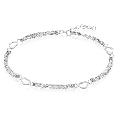 Sterling Silver Heart 4mm Charm Cable Chain Ankle Bracelet (Solid Links) 9" - 10" Adjustable - WJD Exclusives
