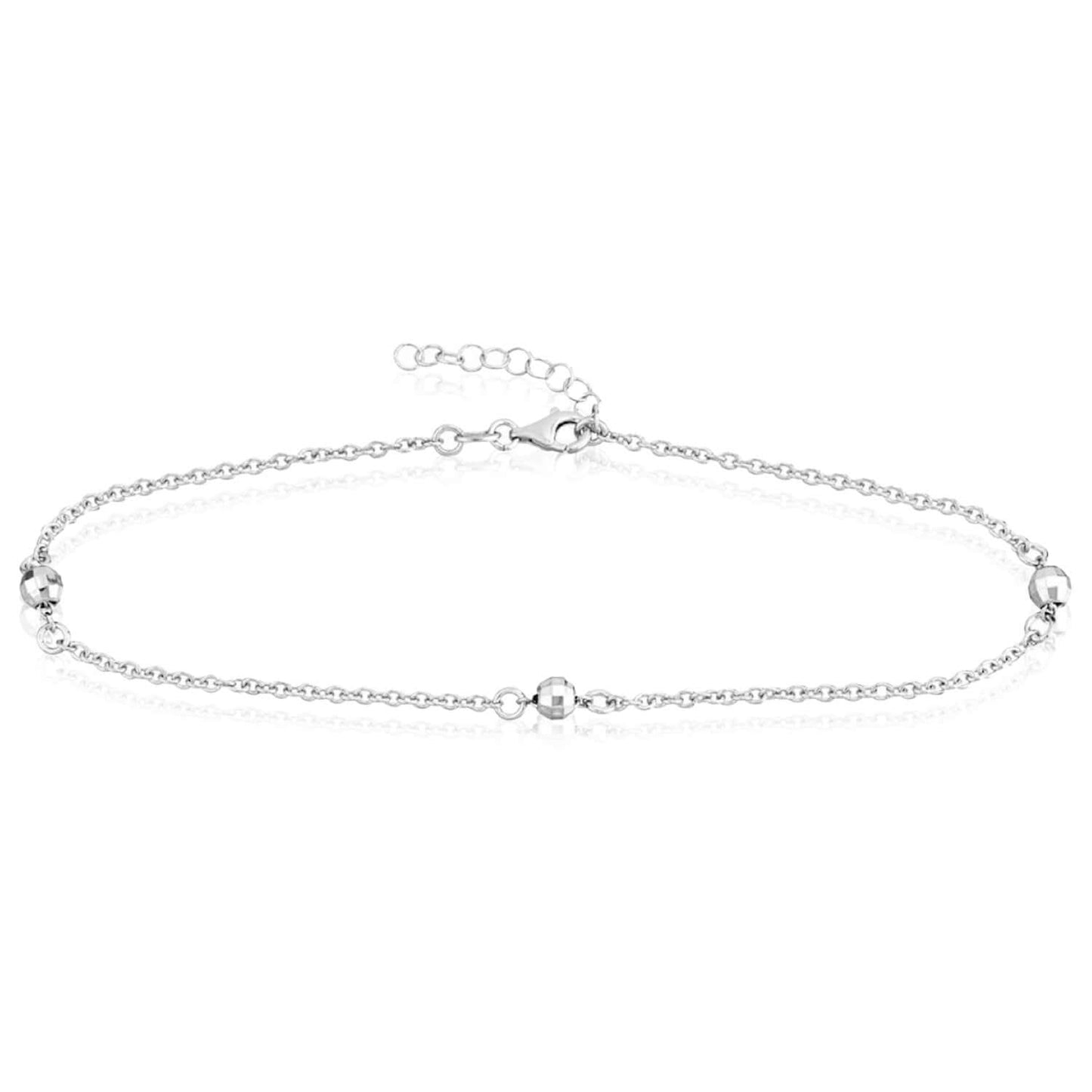 Sterling Silver Rhodium Diamond - Cut Beads Ankle Bracelet (Solid Links) 9" - 10" Adjustable - WJD Exclusives