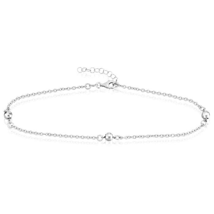 Sterling Silver Rhodium Diamond - Cut Beads Ankle Bracelet (Solid Links) 9" - 10" Adjustable - WJD Exclusives