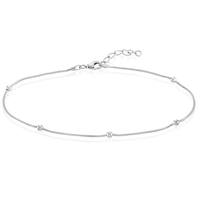 Sterling Silver Snake Chain Bead Accents Ankle Bracelet (Solid Links) 9" - 10" Adjustable - WJD Exclusives