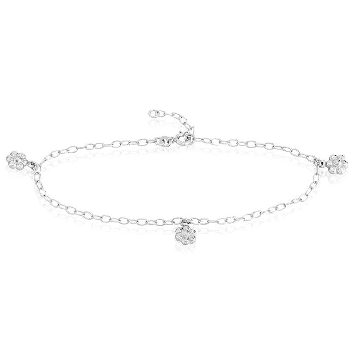 Sterling Silver Flower Charm Cable Chain Ankle Bracelet (Solid Links) 9" - 10" Adjustable - WJD Exclusives