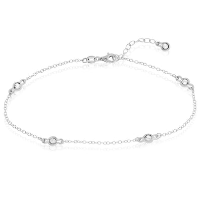 Sterling Silver Illusion Stations Ankle Bracelet (Solid Links) 9" - 10" Adjustable - WJD Exclusives