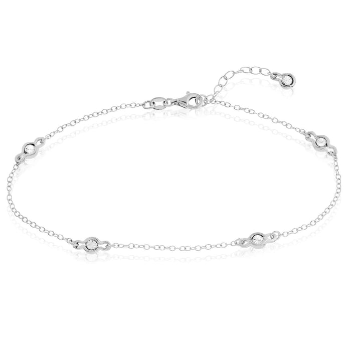 Sterling Silver Illusion Stations Ankle Bracelet (Solid Links) 9" - 10" Adjustable - WJD Exclusives