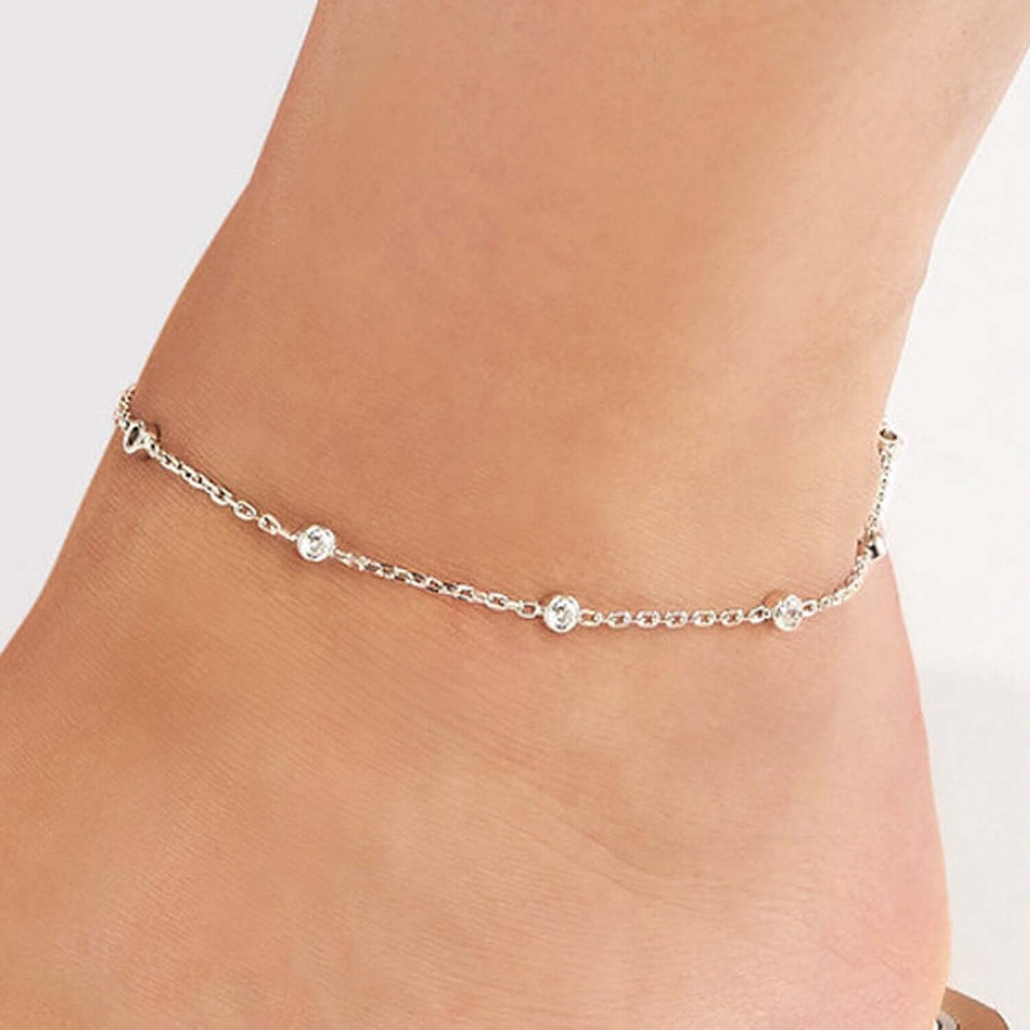 Sterling Silver Rhodium CZ Station Ankle Bracelet 9"-10" Adjustable