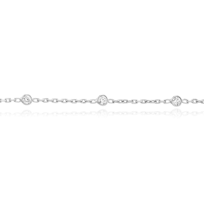 Sterling Silver Rhodium CZ Station Ankle Bracelet (Solid Links) 9" - 10" Adjustable - WJD Exclusives